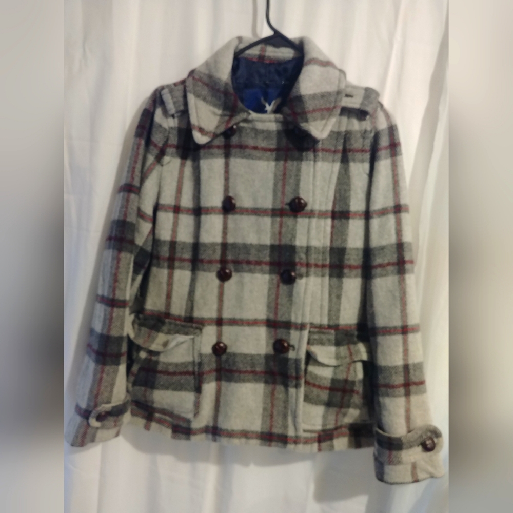 American Eagle Outfitters Gray Plaid Double-Breasted Trench Coat w/ Belt
